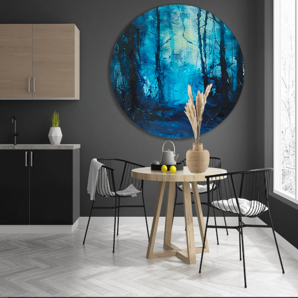 Abstract blauw bos in dynamische penseelstreken aluminium muurcirkel