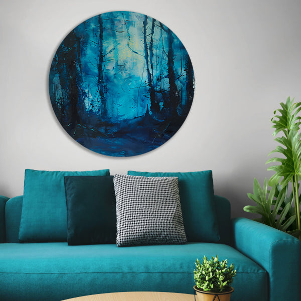 Abstract blauw bos in dynamische penseelstreken aluminium muurcirkel