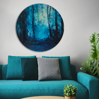 Abstract blauw bos in dynamische penseelstreken aluminium muurcirkel