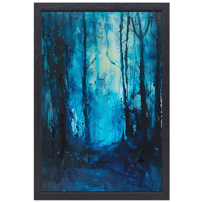 Abstract blauw bos in dynamische penseelstreken canvas met baklijst