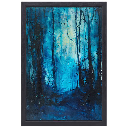 Abstract blauw bos in dynamische penseelstreken canvas met baklijst