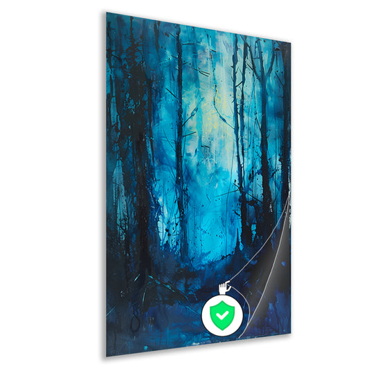 Abstract blauw bos in dynamische penseelstreken poster