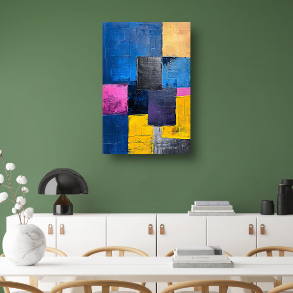 Abstract schilderij met kleurrijke blokken en texturen canvas met baklijst