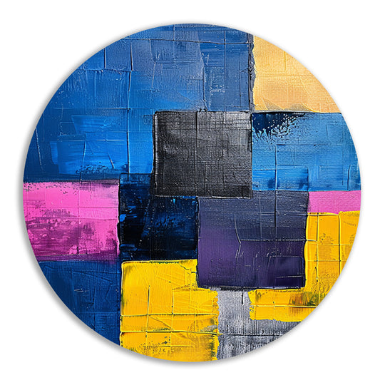 Abstract schilderij met kleurrijke blokken en texturen aluminium muurcirkel