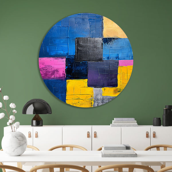 Abstract schilderij met kleurrijke blokken en texturen forex muurcirkel