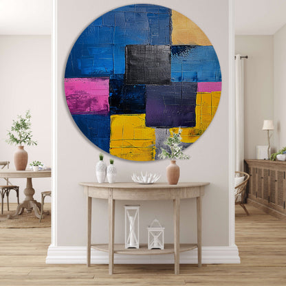 Abstract schilderij met kleurrijke blokken en texturen aluminium muurcirkel