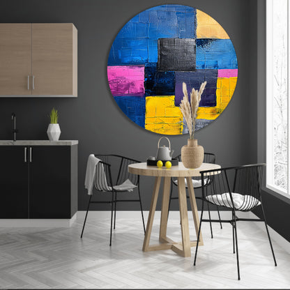 Abstract schilderij met kleurrijke blokken en texturen forex muurcirkel