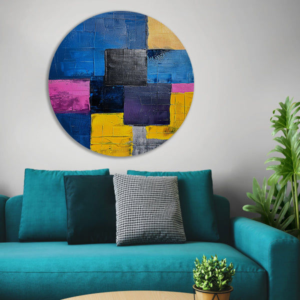 Abstract schilderij met kleurrijke blokken en texturen forex muurcirkel