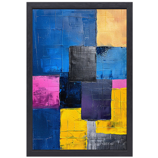 Abstract schilderij met kleurrijke blokken en texturen canvas met baklijst