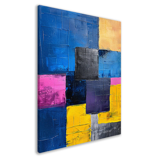 Abstract schilderij met kleurrijke blokken en texturen canvas