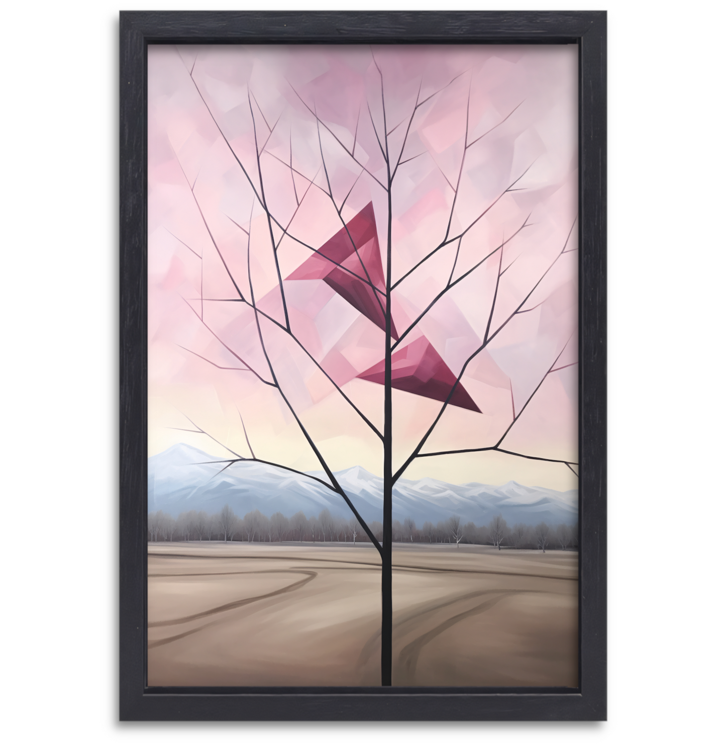 Minimalistische boom met bergen canvas met baklijst
