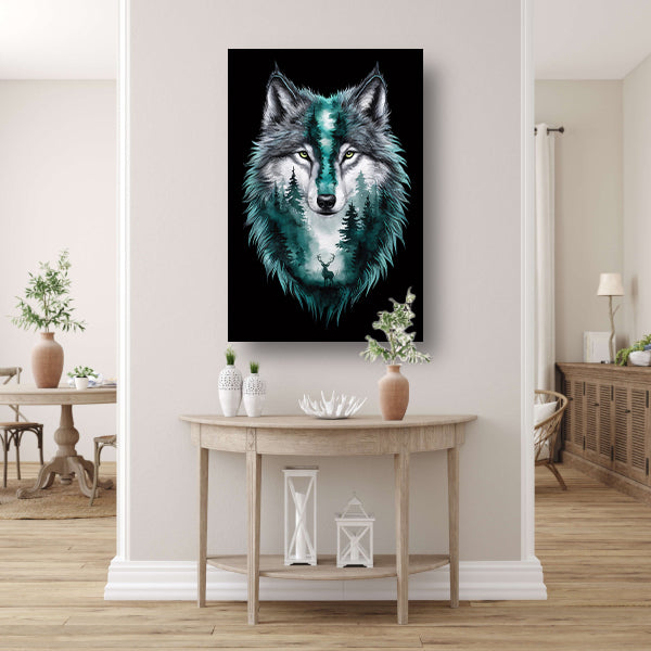 Wolf met boslandschap in vacht verweven canvas met baklijst
