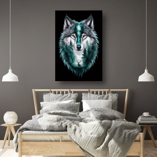 Wolf met boslandschap in vacht verweven canvas met baklijst