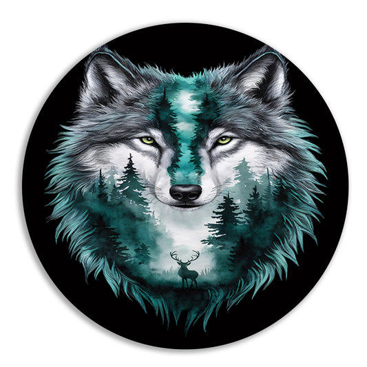 Wolf met boslandschap in vacht verweven aluminium muurcirkel