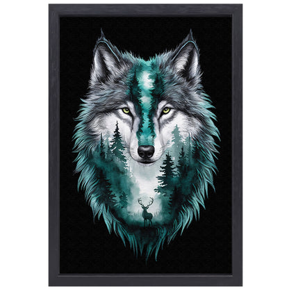 Wolf met boslandschap in vacht verweven canvas met baklijst