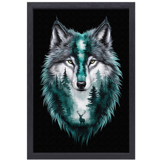 Wolf met boslandschap in vacht verweven canvas met baklijst