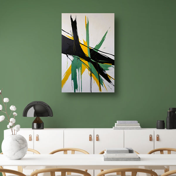 Abstracte dynamiek in zwart, wit en geel acrylglas