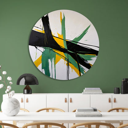 Abstracte dynamiek in zwart, wit en geel aluminium muurcirkel