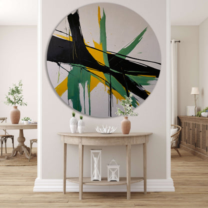 Abstracte dynamiek in zwart, wit en geel aluminium muurcirkel