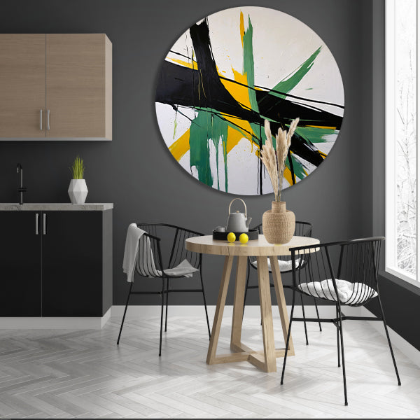Abstracte dynamiek in zwart, wit en geel aluminium muurcirkel