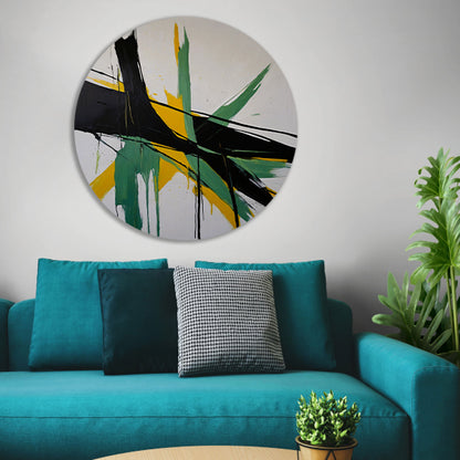 Abstracte dynamiek in zwart, wit en geel aluminium muurcirkel