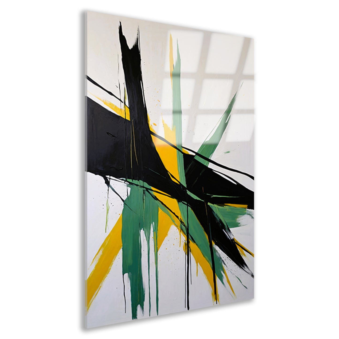 Abstracte dynamiek in zwart, wit en geel acrylglas