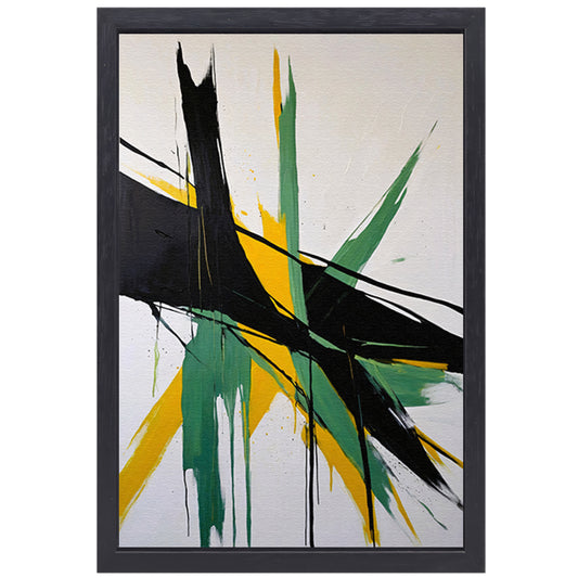 Abstracte dynamiek in zwart, wit en geel canvas met baklijst