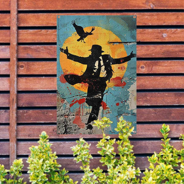 Silhouet van dansende man en kraai tuinposter