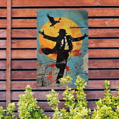 Silhouet van dansende man en kraai tuinposter