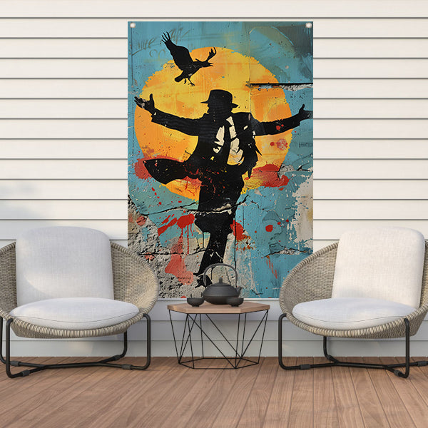 Silhouet van dansende man en kraai tuinposter