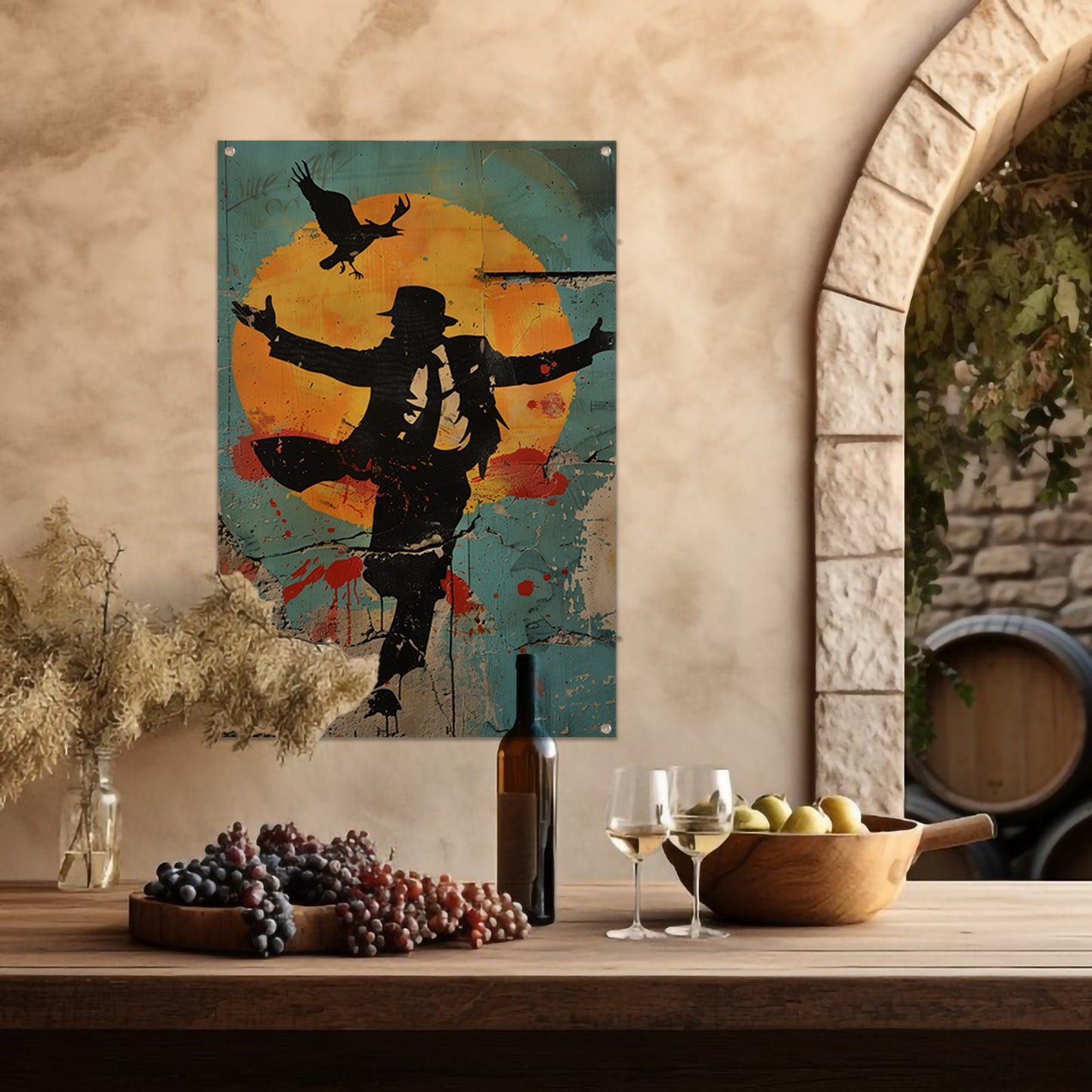 Silhouet van dansende man en kraai tuinposter