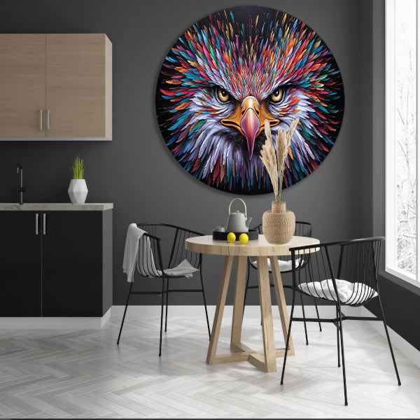 Kleurrijke psychedelische adelaar print voor inrichting aluminium muurcirkel