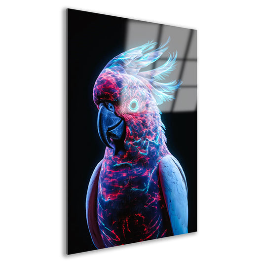 Futuristische bioluminescente papegaai op donkere achtergrond acrylglas