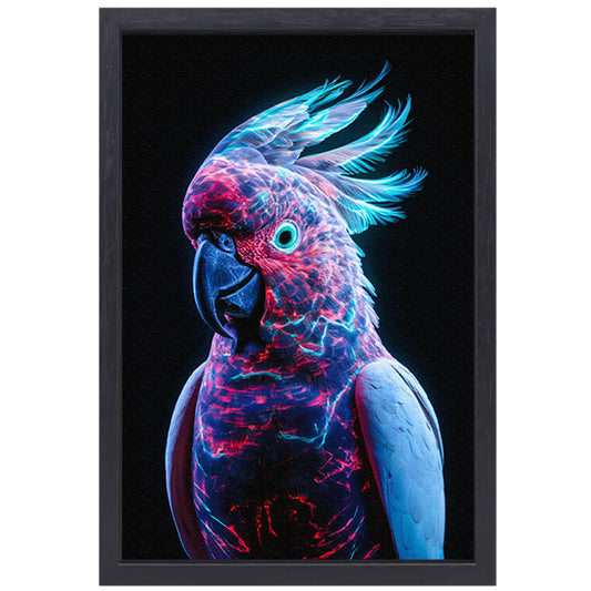 Futuristische bioluminescente papegaai op donkere achtergrond canvas met baklijst
