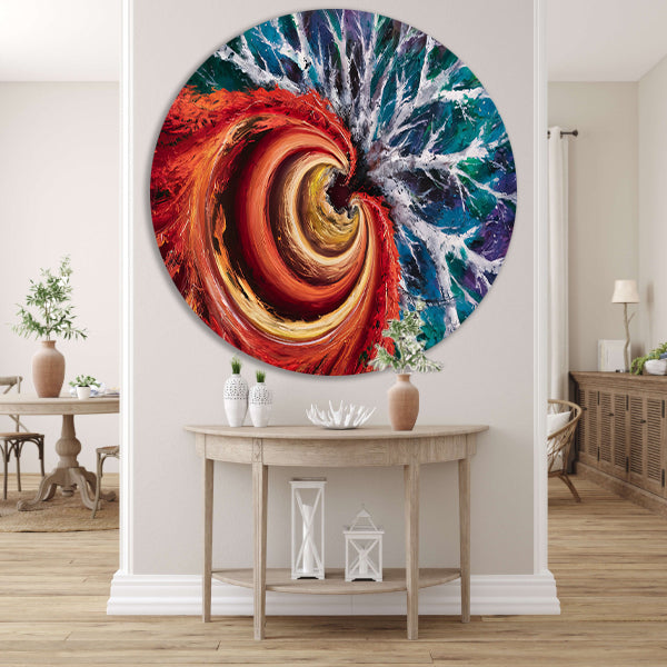 Abstracte kleurrijke spiraal met dynamiek aluminium muurcirkel