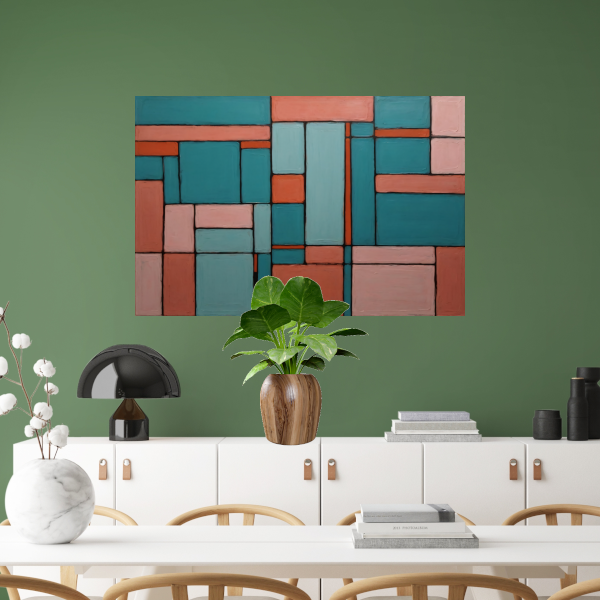 Geometrische Harmonie in Roze en Cyaan canvas met baklijst