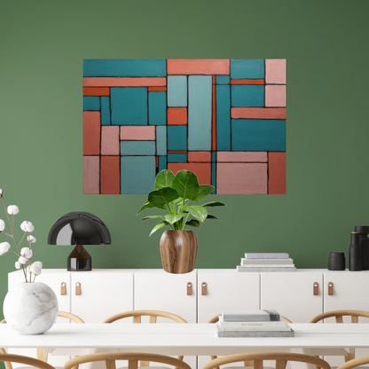 Geometrische Harmonie in Roze en Cyaan canvas met baklijst