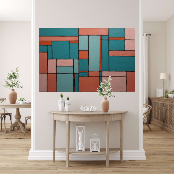 Geometrische Harmonie in Roze en Cyaan canvas met baklijst