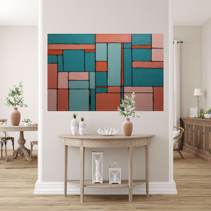 Geometrische Harmonie in Roze en Cyaan canvas met baklijst