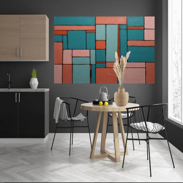 Geometrische Harmonie in Roze en Cyaan canvas met baklijst