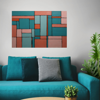 Geometrische Harmonie in Roze en Cyaan canvas met baklijst