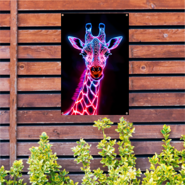 Futuristische giraffe in neonkleuren kunstwerk tuinposter