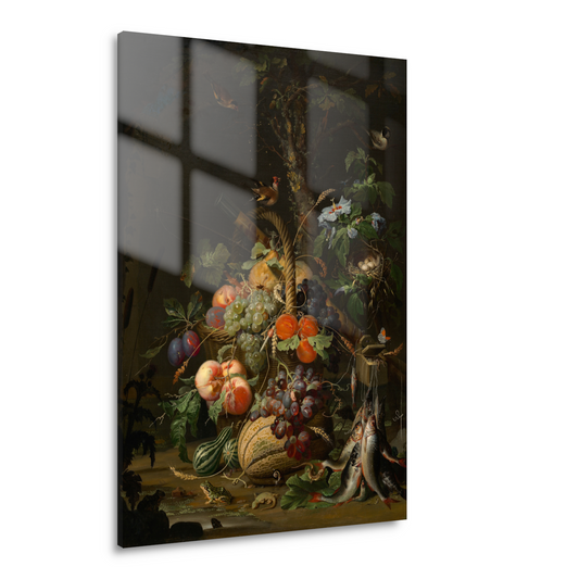 Stilleven met fruit, vis en een nest - Abraham Mignon Acrylglas