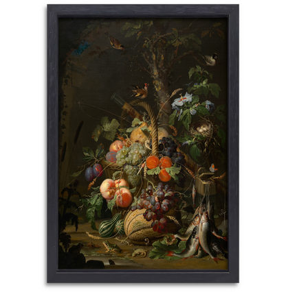 Stilleven met fruit, vis en een nest - Abraham Mignon canvas met baklijst