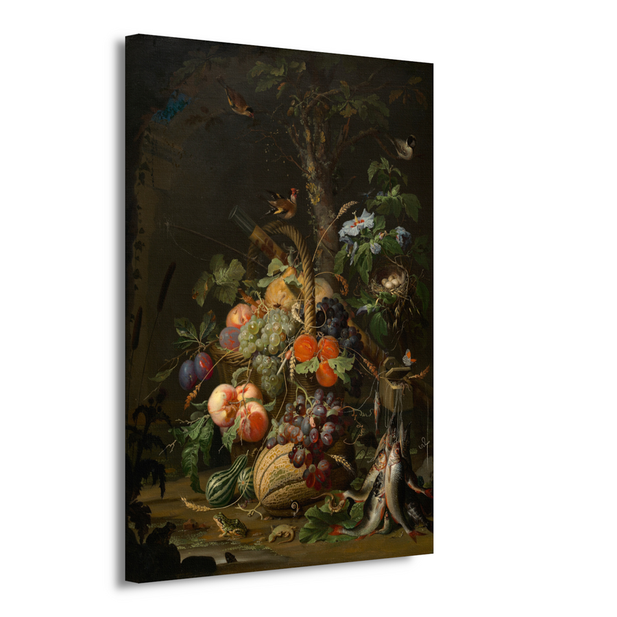 Stilleven met fruit, vis en een nest - Abraham Mignon canvas