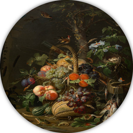 Stilleven met fruit, vis en een nest - Abraham Mignon forex muurcirkel