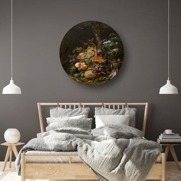 Stilleven met fruit, vis en een nest - Abraham Mignon forex muurcirkel