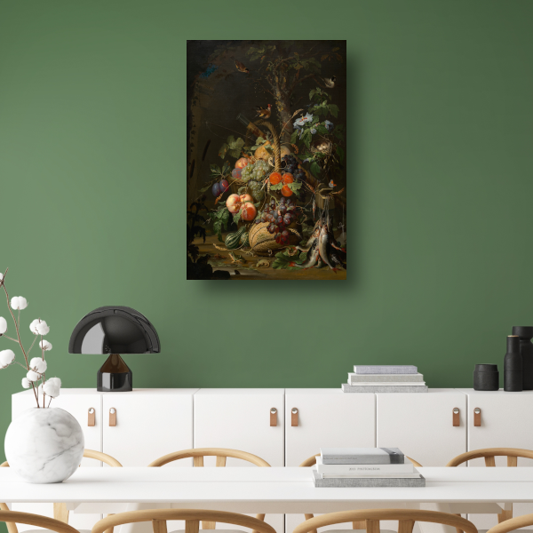 Stilleven met fruit, vis en een nest - Abraham Mignon canvas met baklijst