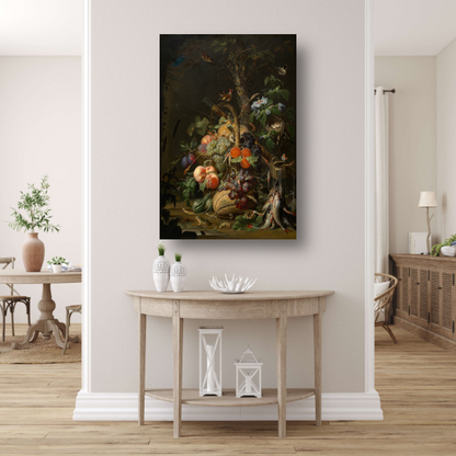 Stilleven met fruit, vis en een nest - Abraham Mignon canvas met baklijst