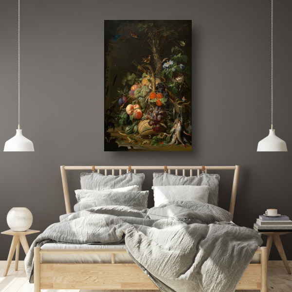 Stilleven met fruit, vis en een nest - Abraham Mignon canvas met baklijst